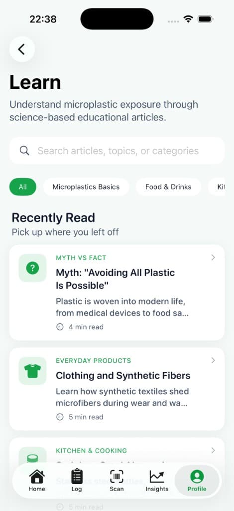 MicroTrack Learn — educational articles about microplastics